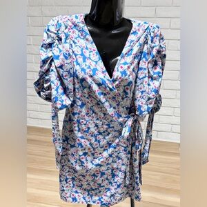 Zara Wrap Around Blue and White Floral Dress with Pink Details
